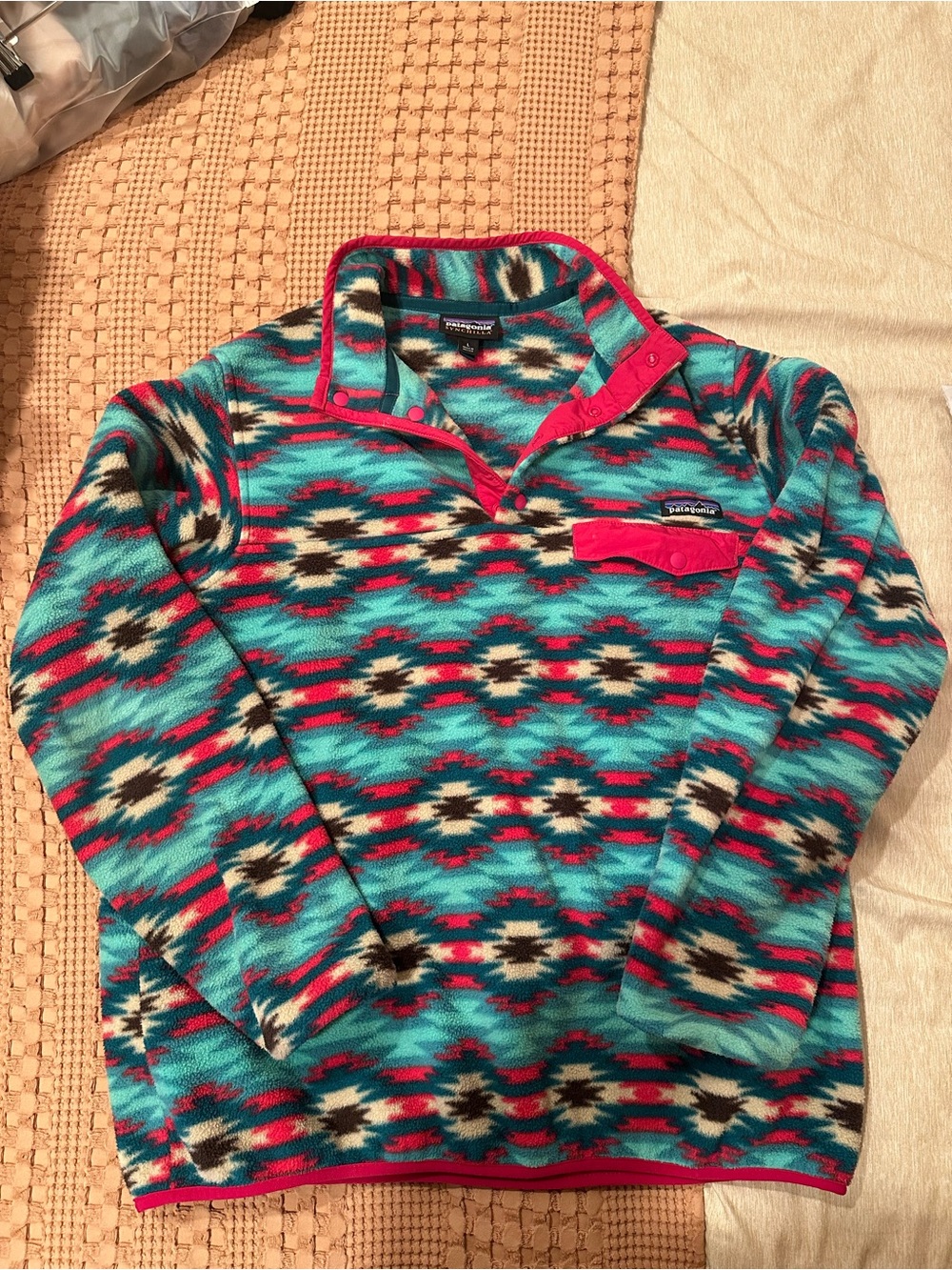 Patagonia Kids Turquoise & Pink Patterned Fleece Pullover